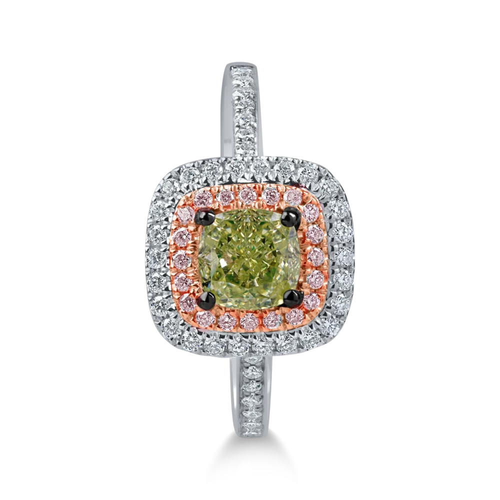Inel din aur alb-roz cu un diamant verde cushion de 1ct si diamante incolore de 0.3ct - imagine 2