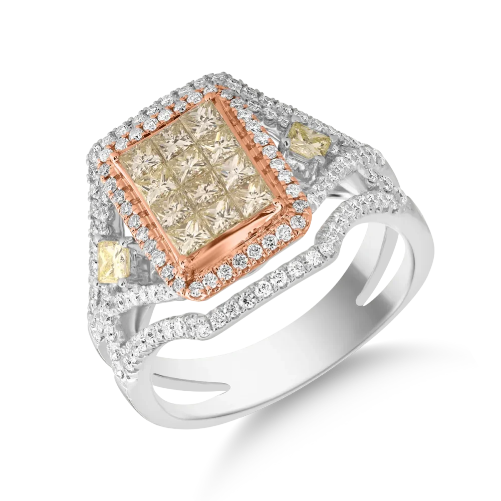 Inel din aur alb-roz cu diamante galbene princess de 0.8ct si diamante transparente de 0.6ct
