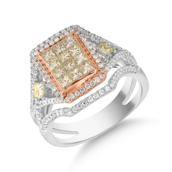 Inel din aur alb-roz cu diamante galbene princess de 0.8ct si diamante transparente de 0.6ct