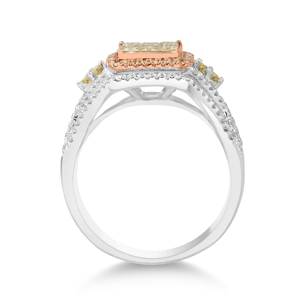 Inel din aur alb-roz cu diamante galbene princess de 0.8ct si diamante transparente de 0.6ct - imagine 2