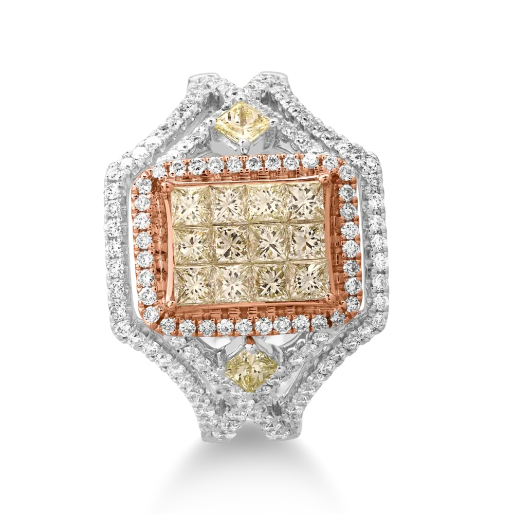 Inel din aur alb-roz cu diamante galbene princess de 0.8ct si diamante transparente de 0.6ct - imagine 3