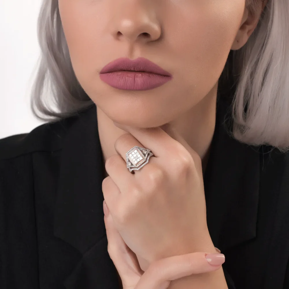 Inel din aur alb-roz cu diamante galbene princess de 0.8ct si diamante transparente de 0.6ct - imagine 4