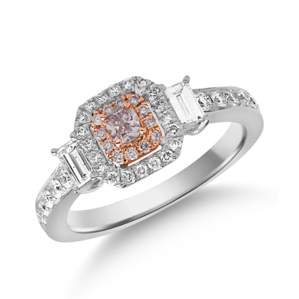 Inel din aur alb-roz cu diamante roz rectangulare si rotunde de 0.25ct si diamante transparente baguette si rotunde de 0.71ct