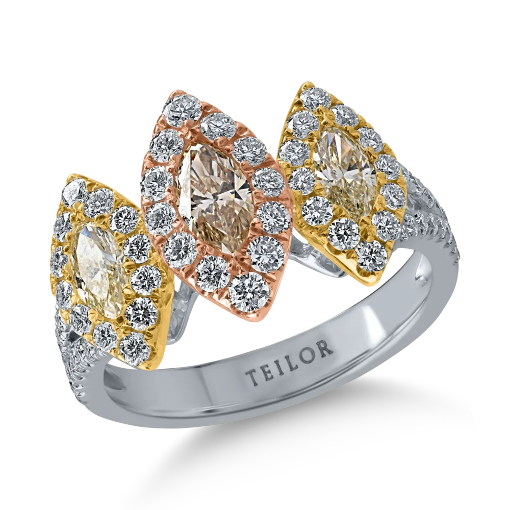 Inel din aur alb-roz-galben cu diamant maro marquise de 0.3ct si diamante galbene de 0.4ct