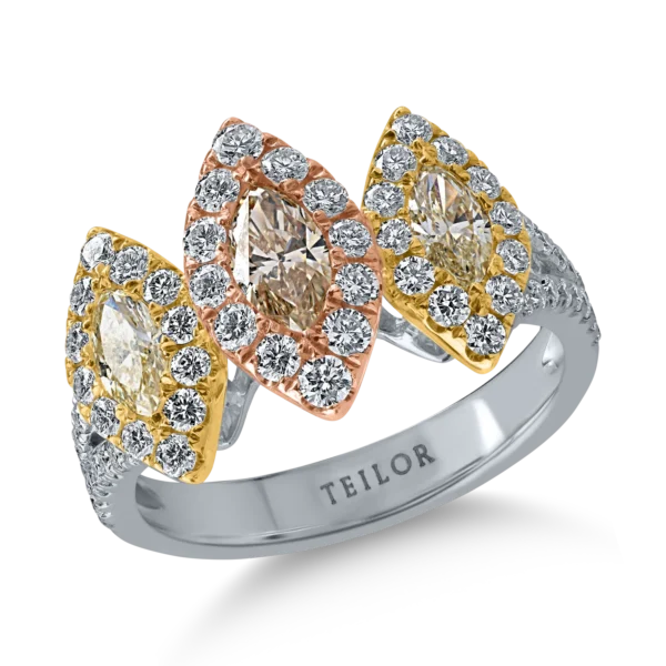 Inel din aur alb-roz-galben cu diamant maro marquise de 0.3ct si diamante galbene de 0.4ct
