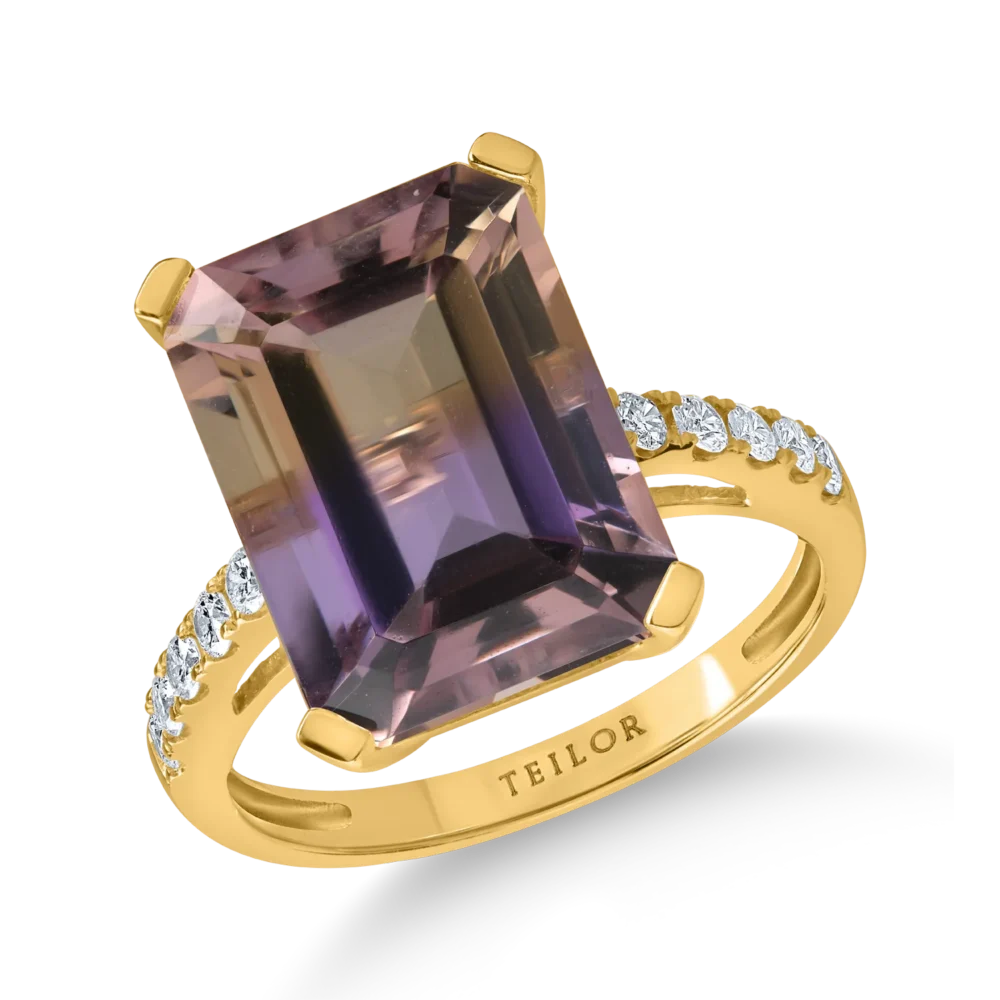 Inel din aur galben cu ametrin octogonal de 10.1ct si diamante de 0.1ct