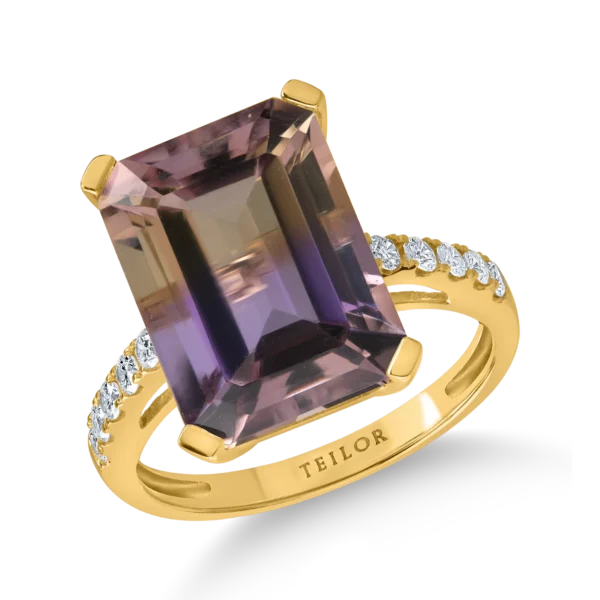 Inel din aur galben cu ametrin octogonal de 10.1ct si diamante de 0.1ct