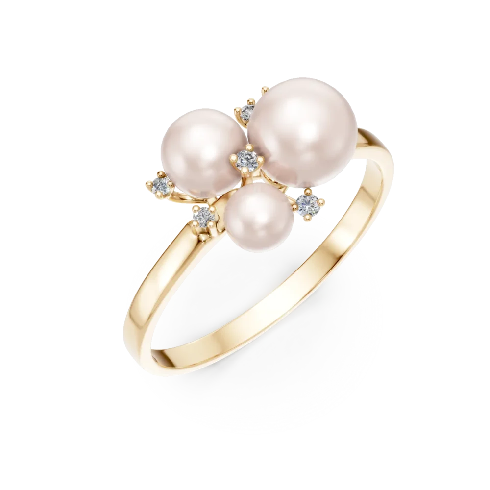 Inel din aur galben cu diamante de 0.07ct si perle de cultura
