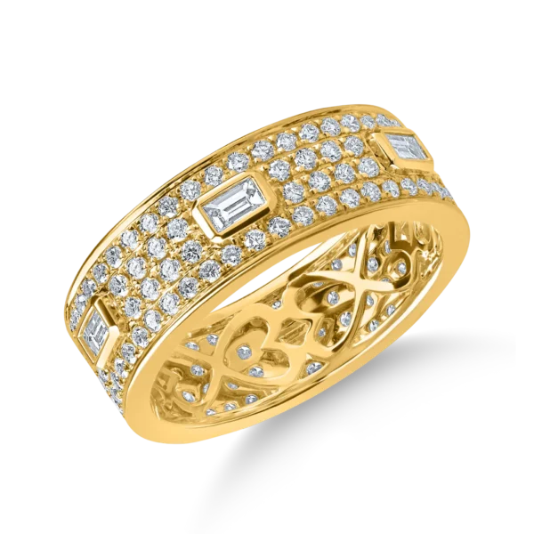 Inel din aur galben cu diamante microsetting baguette si rotunde de 1.3ct