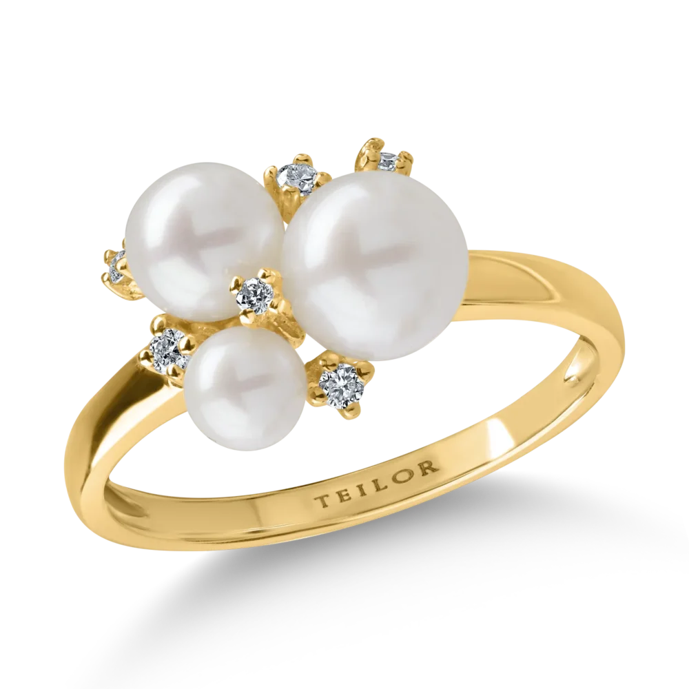 Inel din aur galben cu perle de cultura de 3.5ct si diamante de 0.08ct