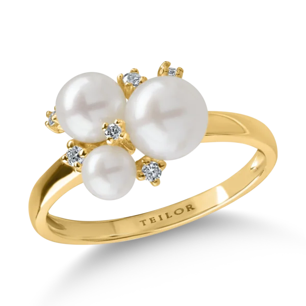 Inel din aur galben cu perle de cultura de 3.2ct si diamante de 0.08ct