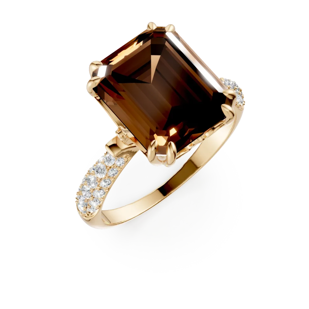 Inel din aur galben cu cuart fumuriu octogonal de 5.2ct si diamante de 0.3ct