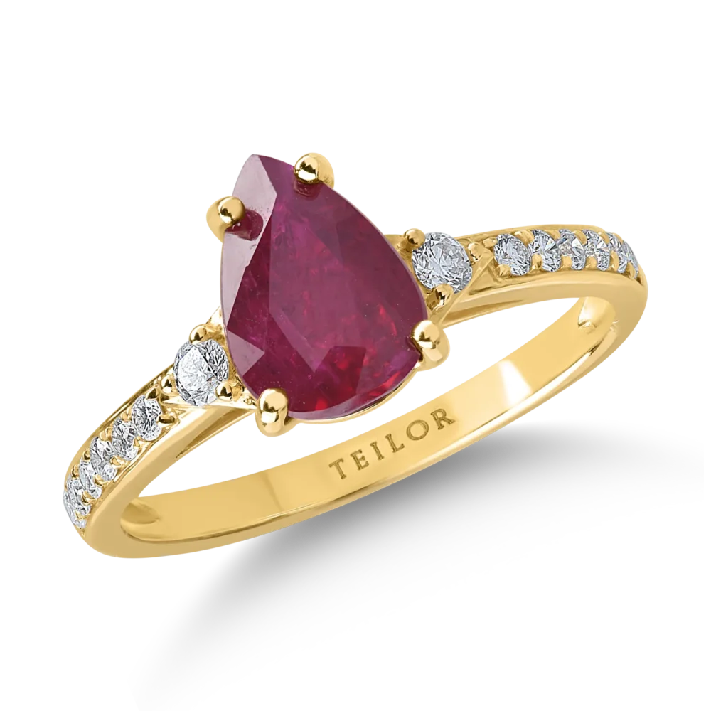 Inel din aur galben cu rubin pear de 1.7ct si diamante de 0.2ct