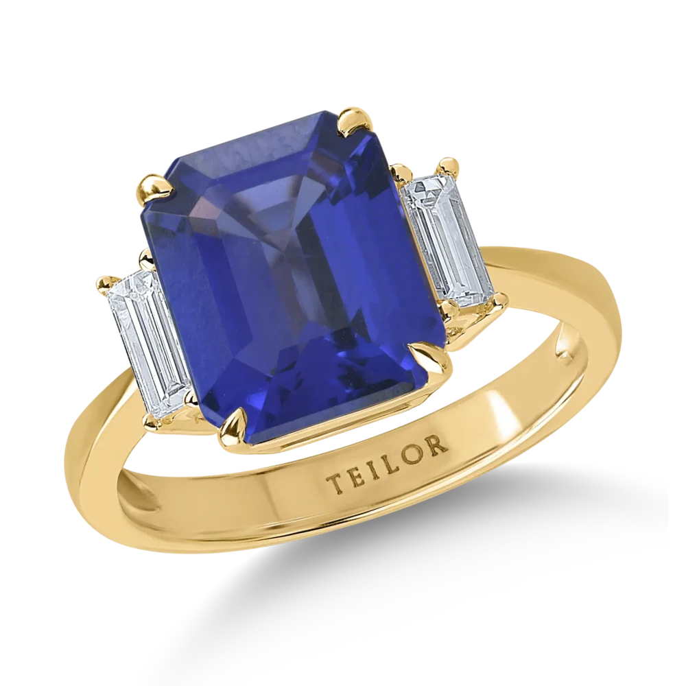 Inel din aur galben cu tanzanit rectangular de 4ct si diamante de 0.3ct