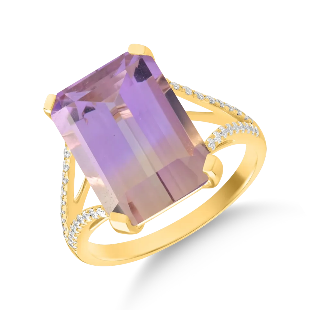 Inel din aur galben cu ametrin octogonal de 9.0ct si diamante de 0.1ct