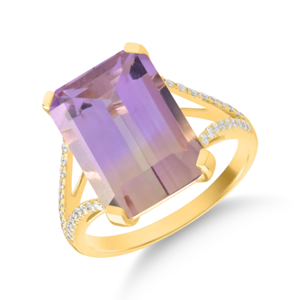 Inel din aur galben cu ametrin octogonal de 9.0ct si diamante de 0.1ct