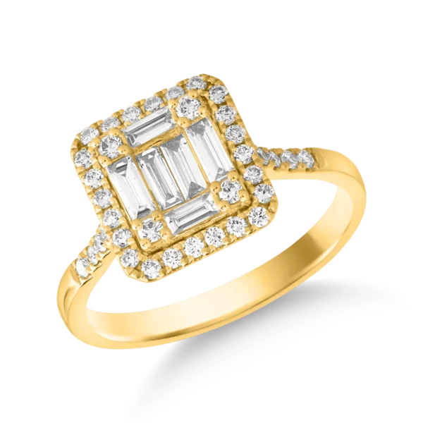 Inel din aur galben cu diamant baguette de 0.3ct si diamante de 0.3ct