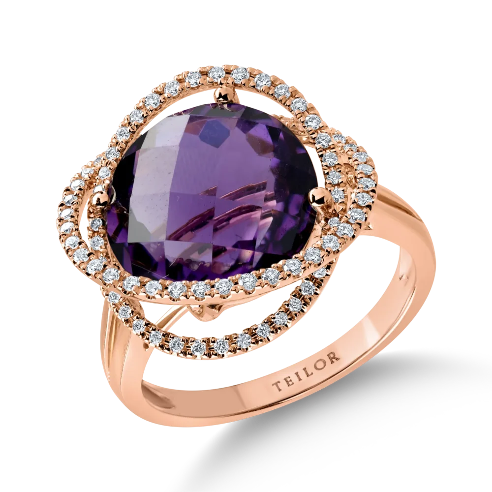 Inel din aur roz cu ametist de 7.3ct si diamante de 0.3ct