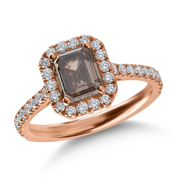 Inel din aur roz cu diamant maro octogonal de 1.5ct si diamante transparente de 0.5ct