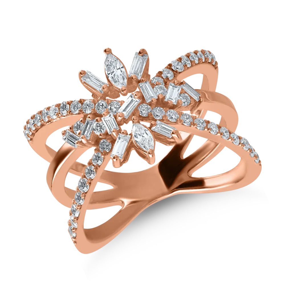 Inel din aur roz cu diamante marquise, baguette si rotunde de 0.79ct