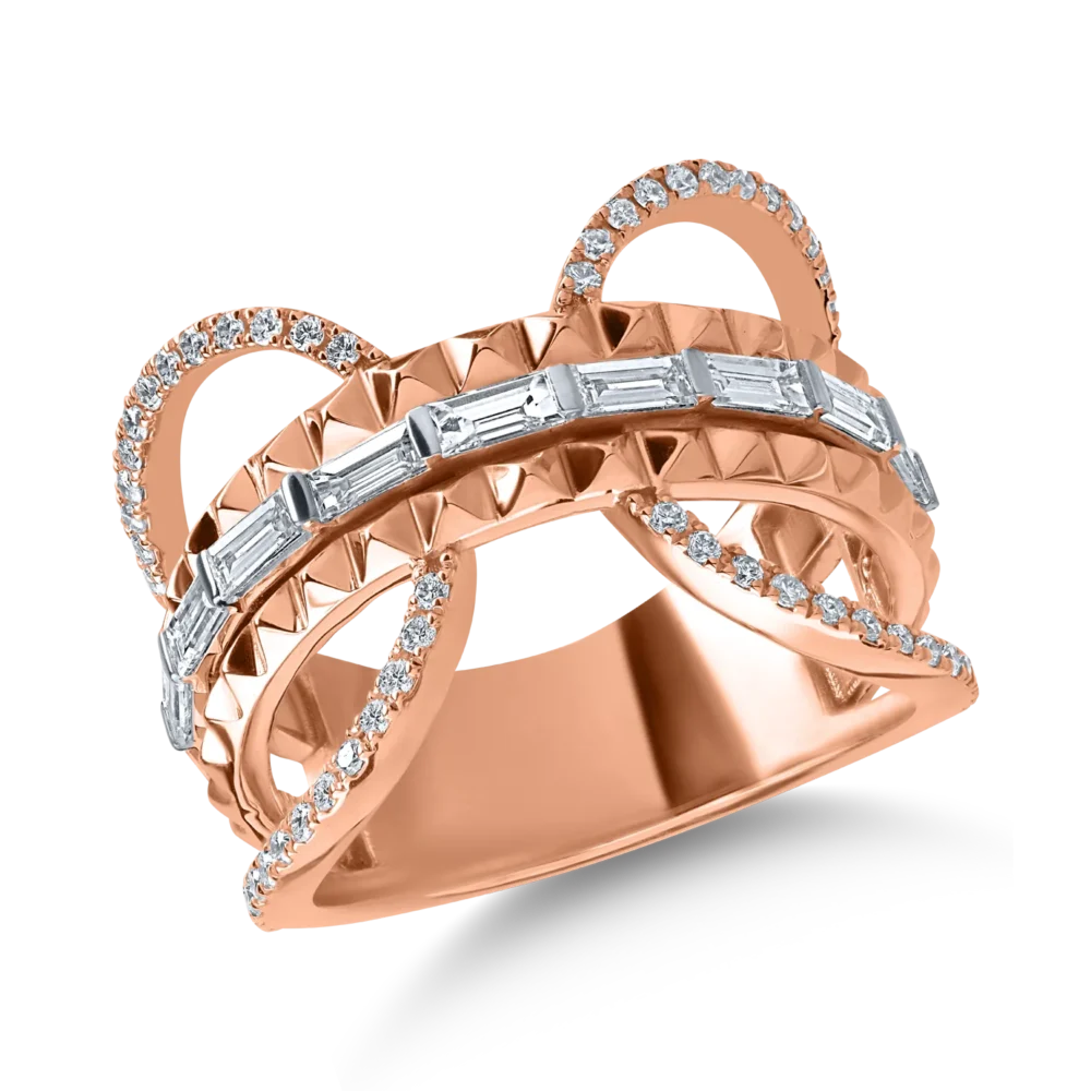 Inel din aur roz cu diamante baguette si rotunde de 0.96ct