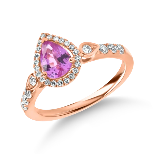 Inel din aur roz cu diamante si safir roz pear de 1.2ct