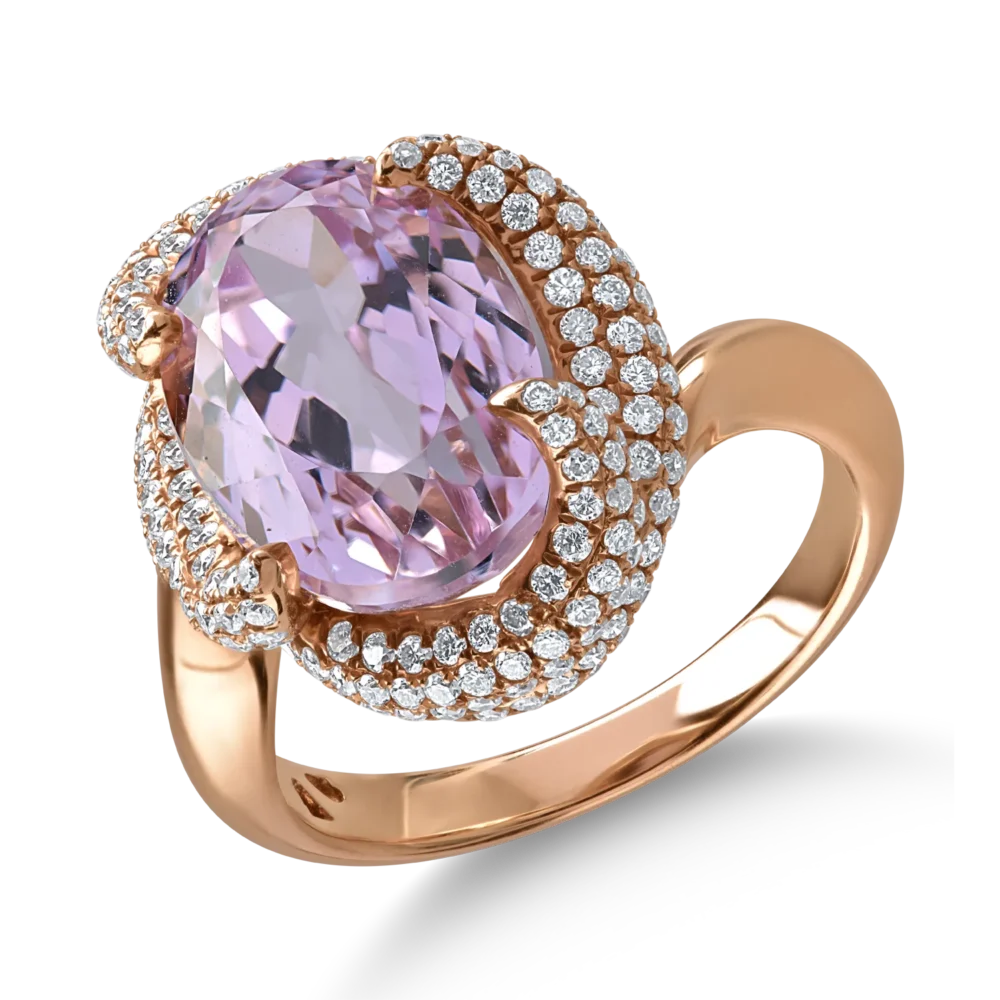 Inel din aur roz cu kunzit oval de 8.8ct si diamante de 1.07ct
