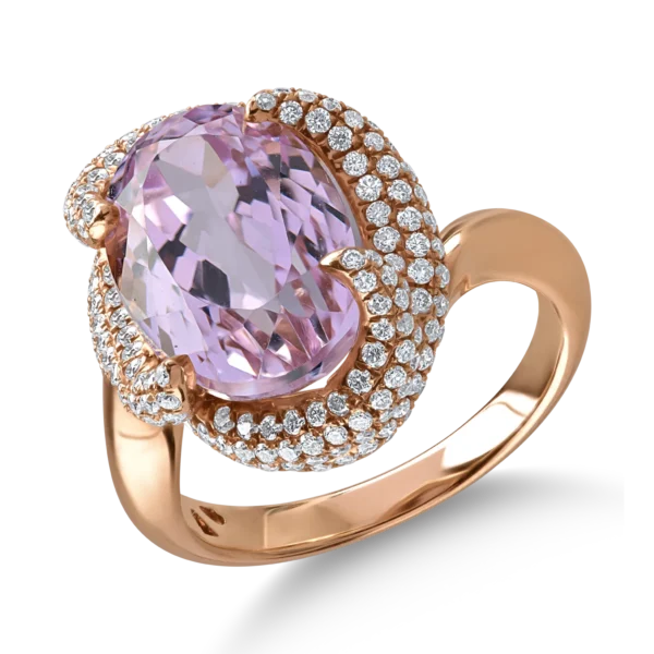 Inel din aur roz cu kunzit oval de 8.8ct si diamante de 1.07ct