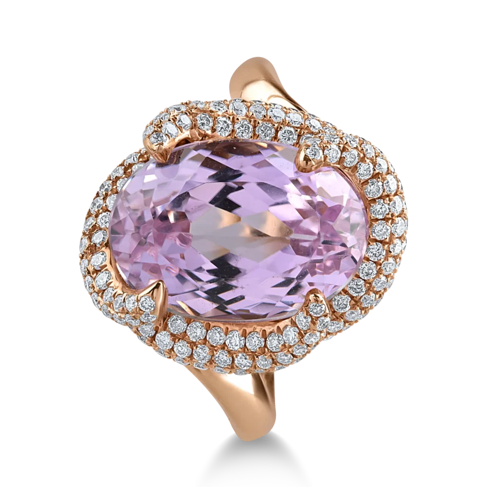 Inel din aur roz cu kunzit oval de 8.8ct si diamante de 1.07ct - imagine 2