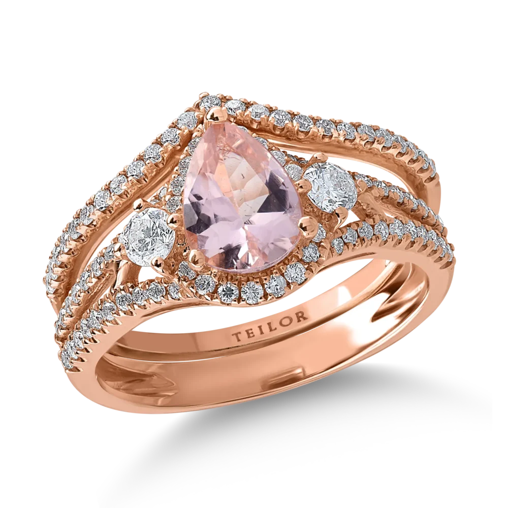 Inel din aur roz cu morganit pear de 0.9ct si diamante de 0.6ct