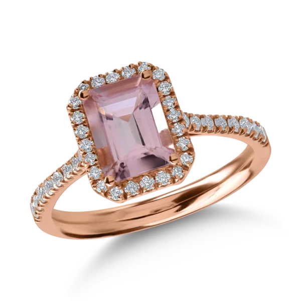 Inel din aur roz cu morganit octogonal de 1.2ct si diamante de 0.3ct