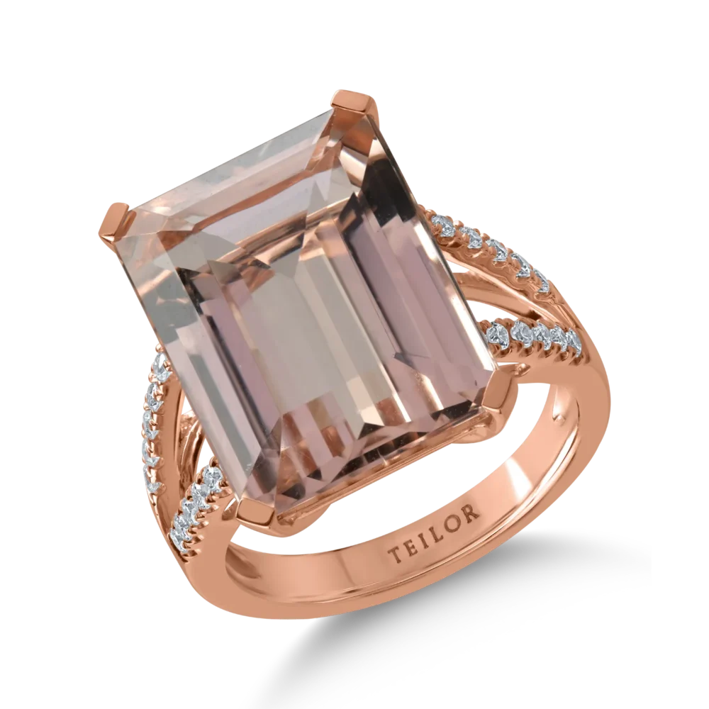 Inel din aur roz cu morganit octogonal de 11.3ct si diamante de 0.2ct