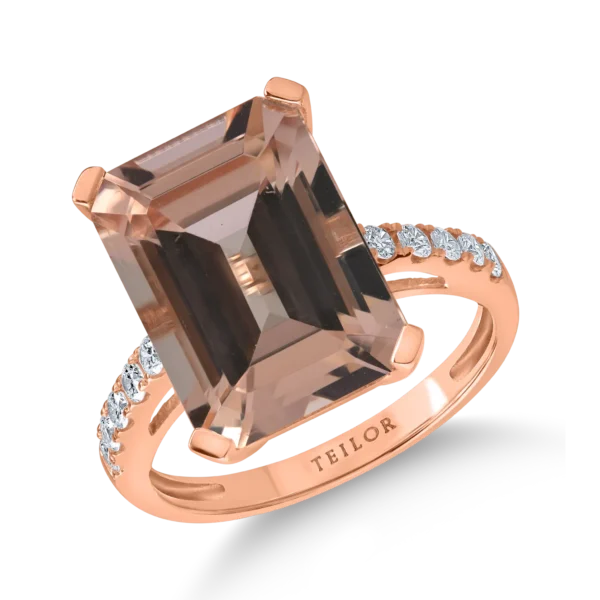 Inel din aur roz cu morganit octogonal de 7ct si diamante de 0.2ct