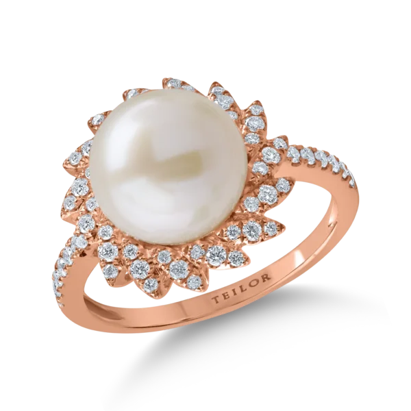 Inel din aur roz cu perla de cultura de 6.2ct si diamante de 0.3ct