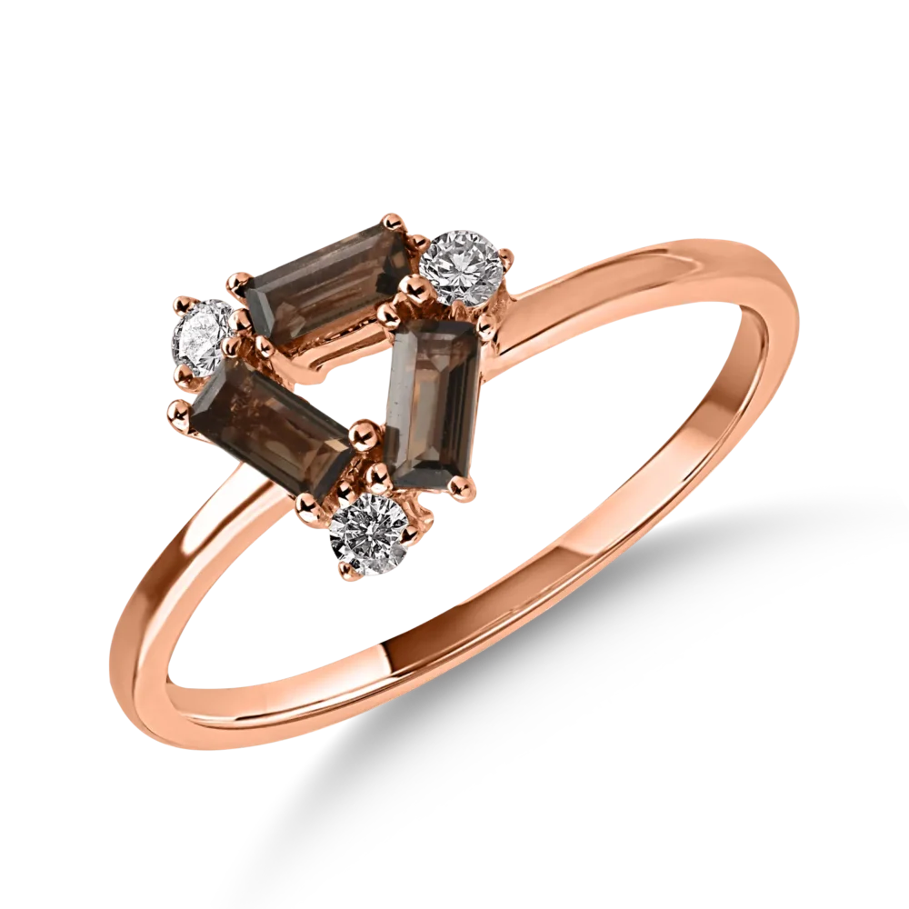 Inel din aur roz cu cuart fumuriu baguette de 0.3ct si diamante de 0.09ct