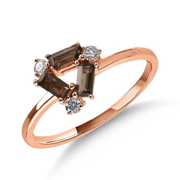 Inel din aur roz cu cuart fumuriu baguette de 0.3ct si diamante de 0.09ct