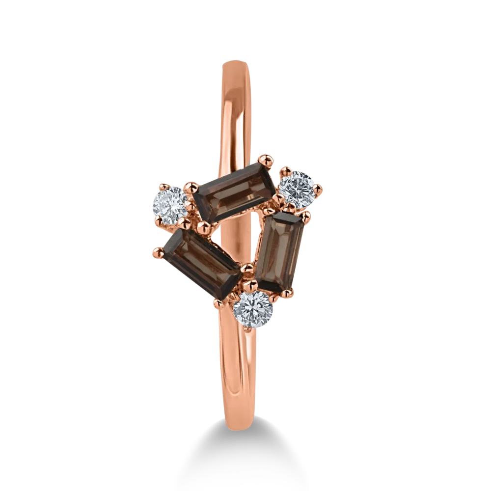Inel din aur roz cu cuart fumuriu baguette de 0.3ct si diamante de 0.09ct - imagine 2