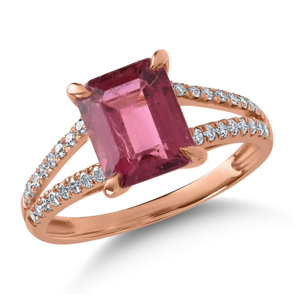 Inel din aur roz cu rubelit rectangulare de 2.2ct si diamante de 0.2ct