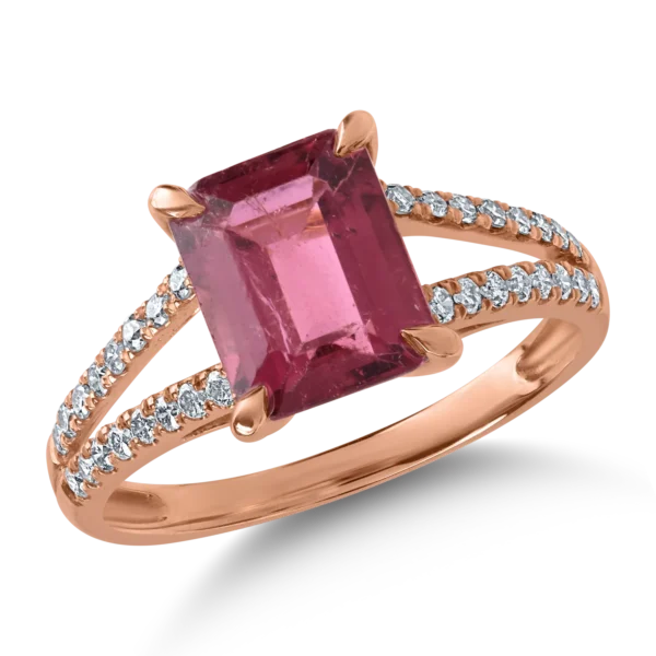 Inel din aur roz cu rubelit rectangulare de 2.2ct si diamante de 0.2ct