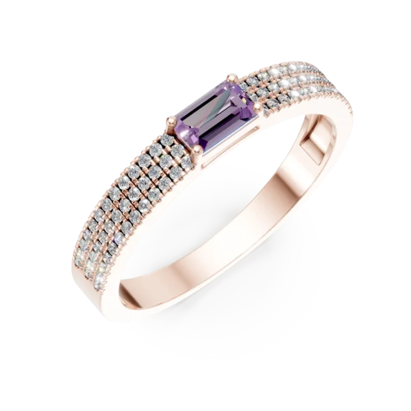 Inel din aur roz cu safir roz baguette de 0.3ct si diamante microsetting de 0.2ct