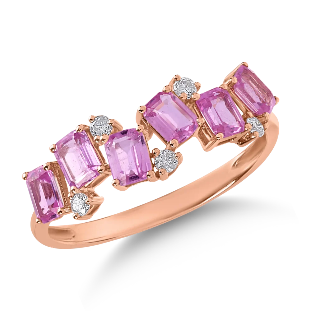 Inel din aur roz cu safire roz emerald de 1.3ct si diamante de 0.1ct