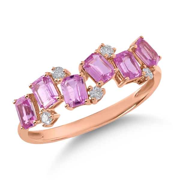 Inel din aur roz cu safire roz emerald de 1.3ct si diamante de 0.1ct