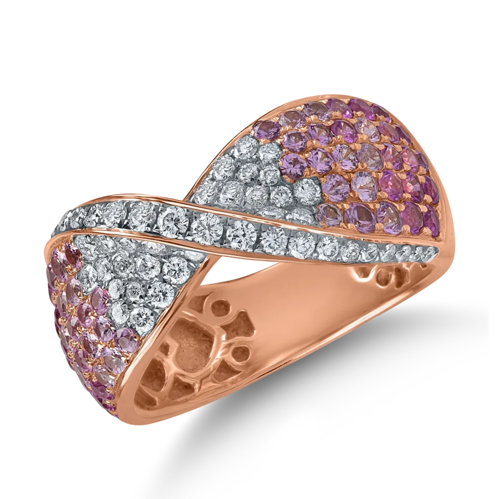 Inel din aur roz cu safire roz de 1.3ct si diamante de 0.5ct