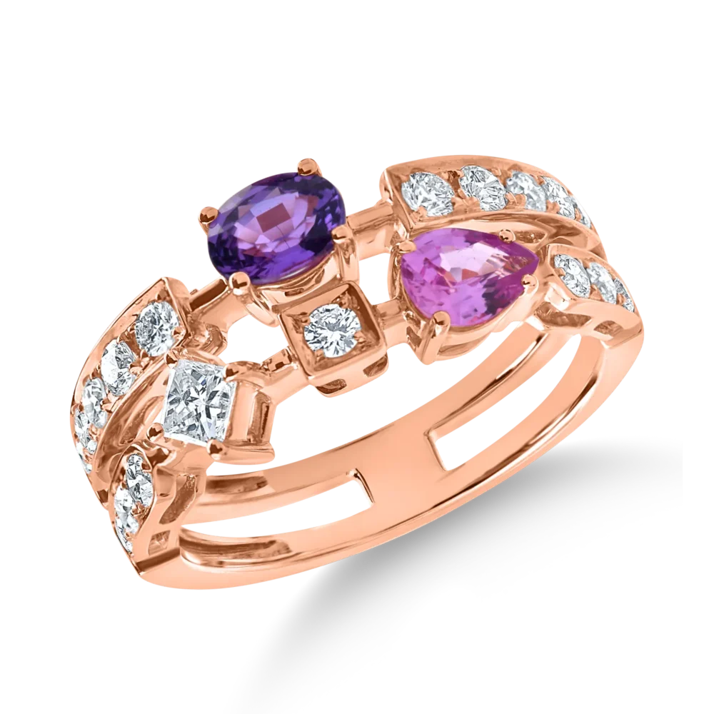 Inel din aur roz cu safire pear si ovale si diamante princess si rotunde de 1.4ct