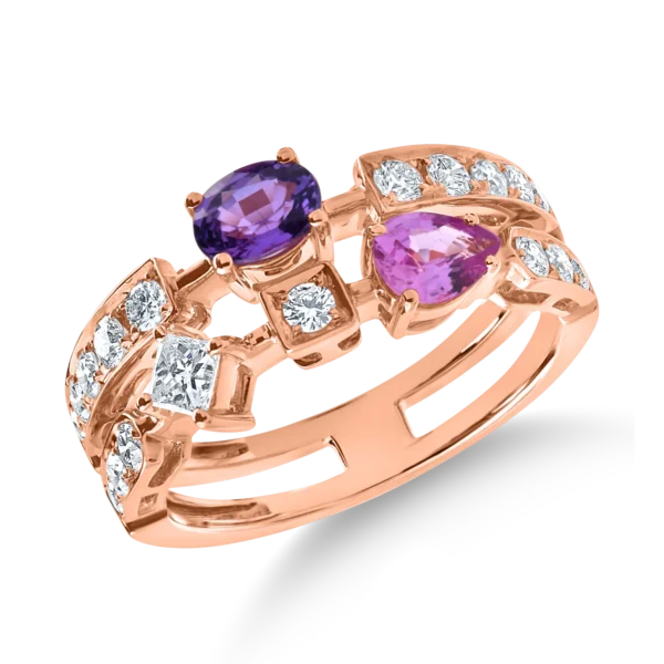 Inel din aur roz cu safire pear si ovale si diamante princess si rotunde de 1.4ct