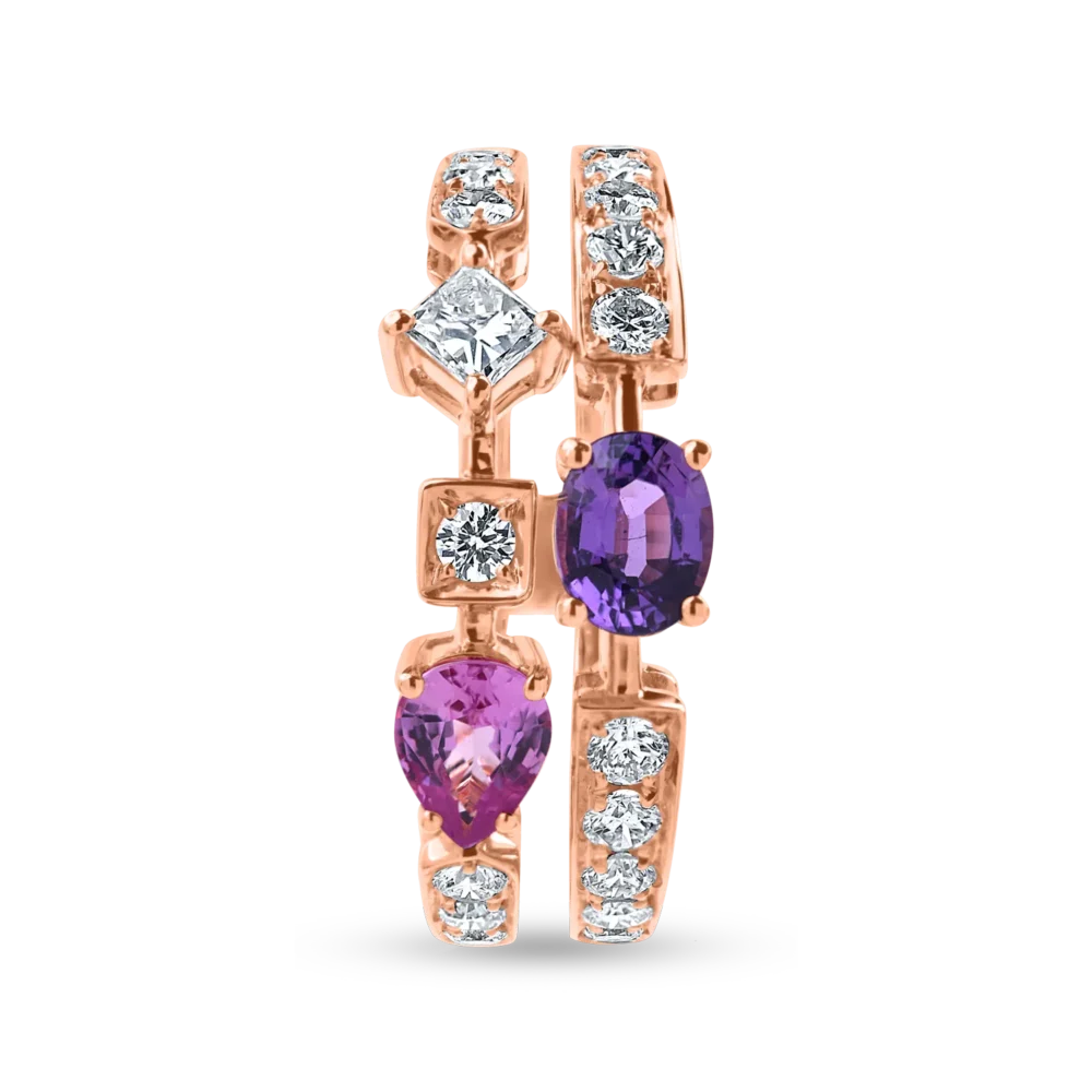 Inel din aur roz cu safire pear si ovale si diamante princess si rotunde de 1.4ct - imagine 2