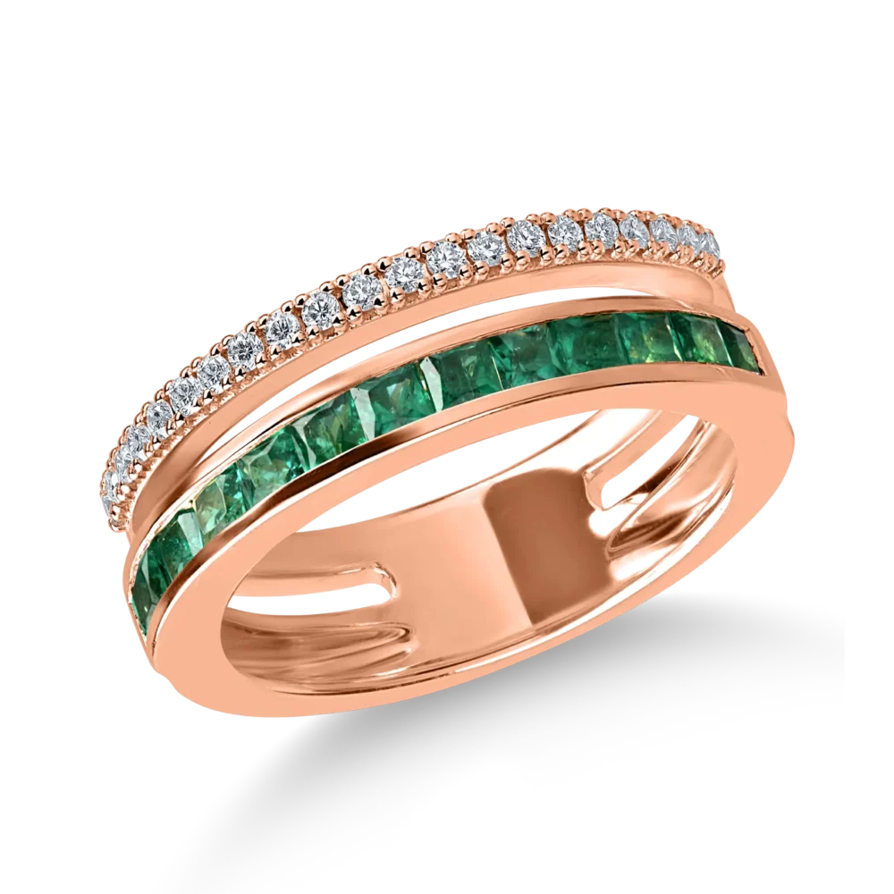 Inel din aur roz cu smaralde princess de 0.6ct si diamante de 0.16ct