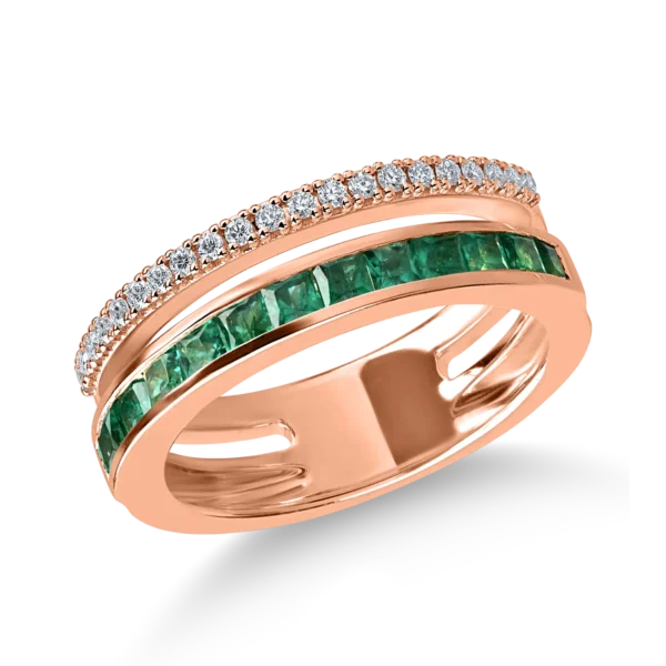 Inel din aur roz cu smaralde princess de 0.6ct si diamante de 0.16ct