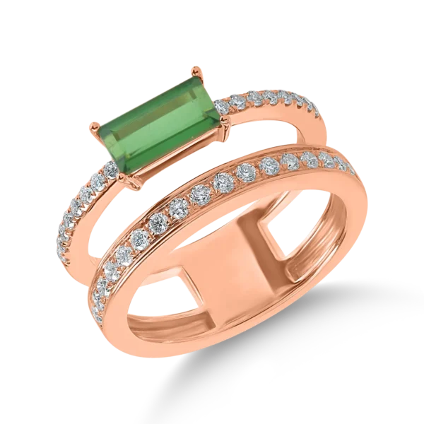 Inel din aur roz cu turmalina verde rectangulara de 0.9ct si diamante de 0.3ct