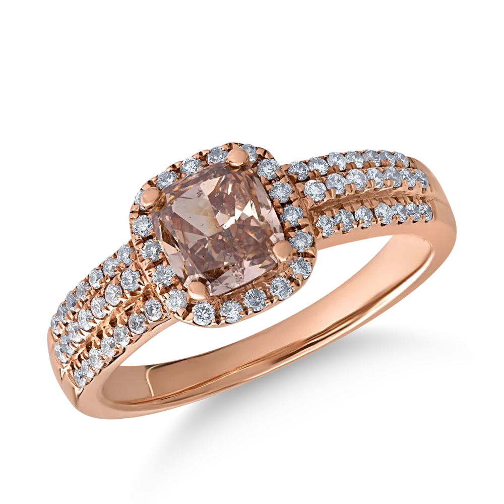 Inel din aur roz cu diamant maro cushion de 1ct si diamante transparente de 0.3ct